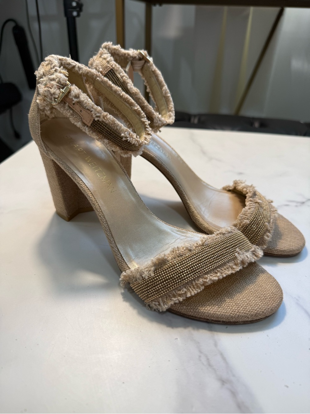 Stuart Weitzman Beige Frayed Ankle-Strap Block Heels
